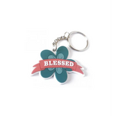 Teal klavertje-sleutelhanger -blessed met roze banner, perfecte geschenksleutelhanger